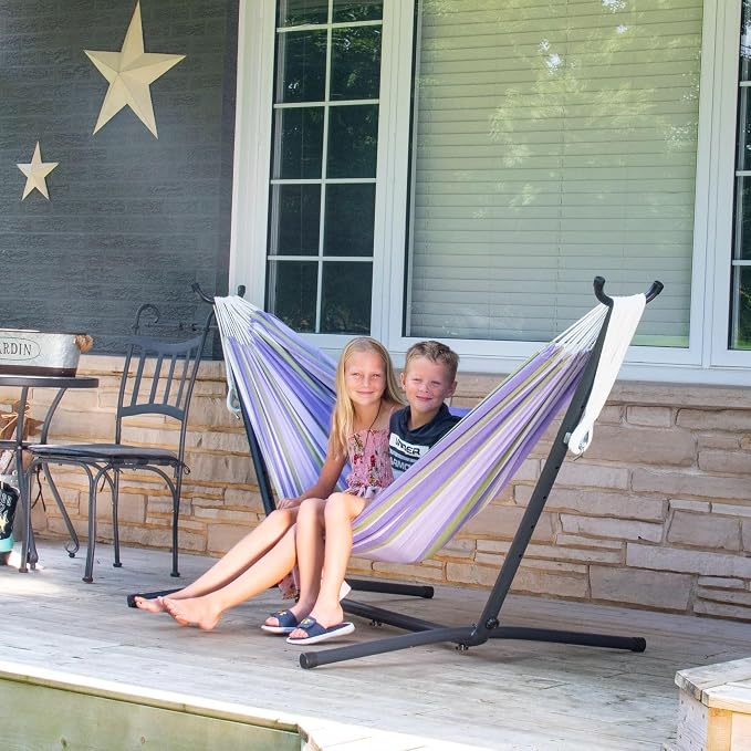 Vivere Double Cotton Hammock with Space Saving Steel Stand, Upgraded Polyester End Strings 450 lb Capacity - Premium Carry Bag Included - USA Grown Cotton (Tranquility) - Image 5