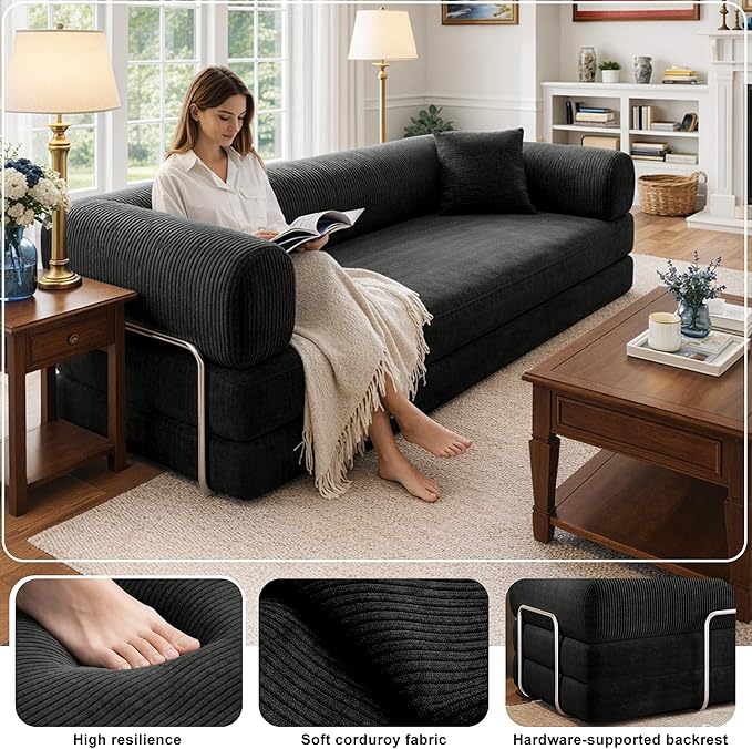 78 Inch Folding Convertible Sofa Bed, 4-in-1 Oversized Cloud Corduroy Upholstered Boneless Couch, Loveseat Sleeper with Pull Out Bed, Modular Futon Floor Sofa Couch for Living Room Bedroom Lounge