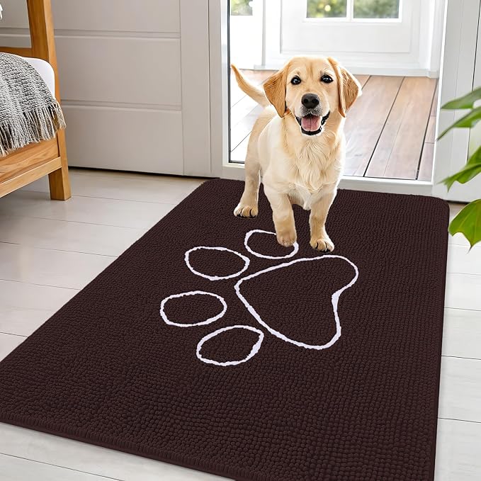 OLANLY Dog Door Mat for Muddy Paws 44x32, Paw Print Design, Absorbs Moisture and Dirt, Absorbent Non-Slip Washable Doormat, Quick Dry Chenille Mud Mat for Dogs, Entry Indoor Entryway Carpet, Brown by OLANLY