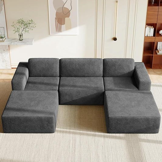 Vesgantti 119" Oversized U-Shaped Modular Sectional Sofa, Corduroy Cloud Couch with Deep Seating & Spring Support, Convertible Sofa with 2 Ottomans, Boneless Couch, No Assembly Required, Grey