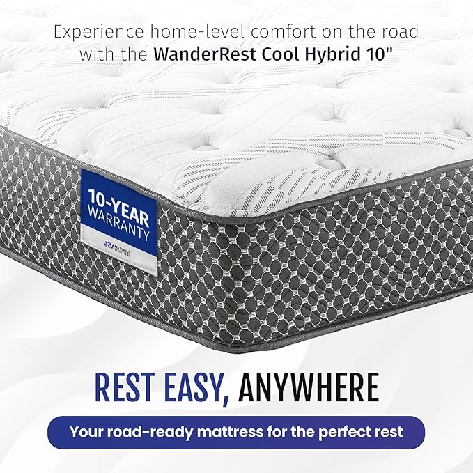 WanderRest Cool Hybrid 10” RV Mattress, Twin XL 38x80, Medium, Cooling Gel Memory Foam & Pocketed Coil Mattress for RV, Camper, or Travel Trailer, Made in USA