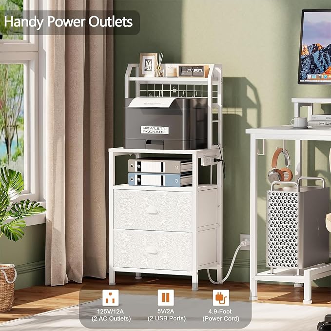Furologee 40'' Tall Nightstand with Charging Station, Bedside Table with LED Lights, End Table with 2 Drawers and Storage Shelves, Night Stand with Pegboard for Bedroom, White - Image 5