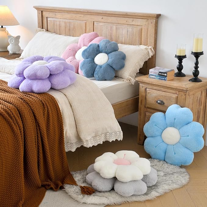 Flower Shaped Pillow, Cute Decorative Throw Pillow with Soft Artificial Rabbit Fur for Couch Bed Chair Floor, Flower Pillows Seating Cushions with Room Décor for Bedroom Living Room (19.6" White)