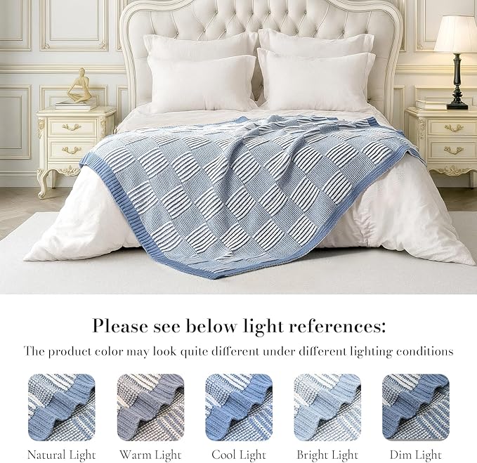 Amélie Home Knit Throw Blanket, Soft Chenille Cozy Breathable Pineapple Chunky Decorative Blanket for Couch, Bed & Sofa, French-Inspired Lightweight Warm Gift for Women, Washed Blue, 60"x80"