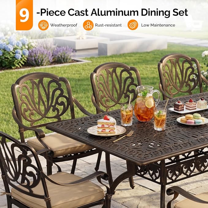 VINGLI 9 Pieces Outdoor Dining Set, Cast Aluminium All-Weather Patio Dining Set for 8 with Umbrella Hole, Outdoor Dining Table and Chairs with Cushion for Yard, Garden, Porch and Poolside, Bronze - Image 4