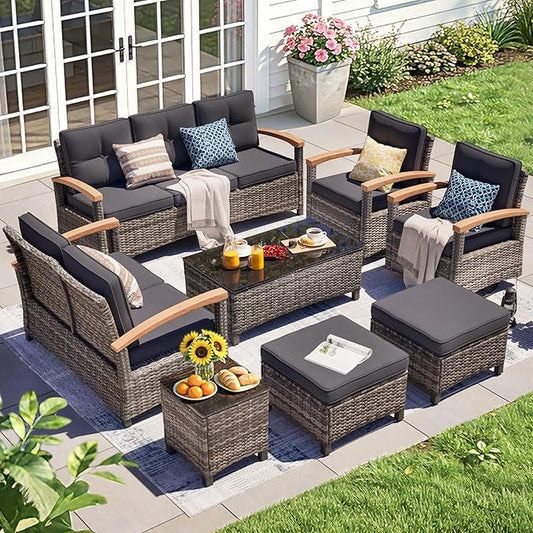 MEISSALIVVE 8 Pieces Patio Furniture Sets,Wicker Patio Conversation Sets with 2 Wood Armrests Swivel Glide Chairs, Outdoor Couch, Loveseat for Deck Yard and Poolside (Grey)