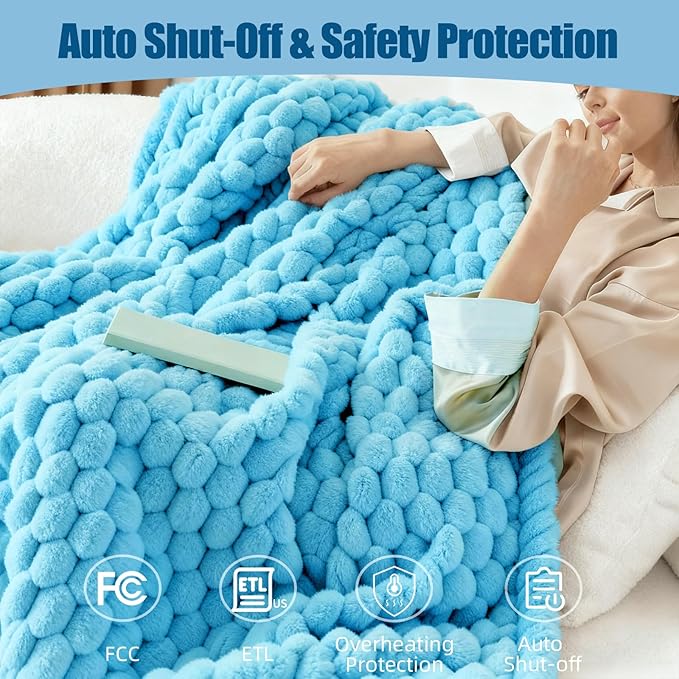 Eastsora Heated Blanket Flannel Throw Blanket, 50"X 60" Electric Heating Blanket with ETL & FCC & 12 Heating Levels & Auto Shut Off，Machine Washable (Blue, Single - 50" x 60")