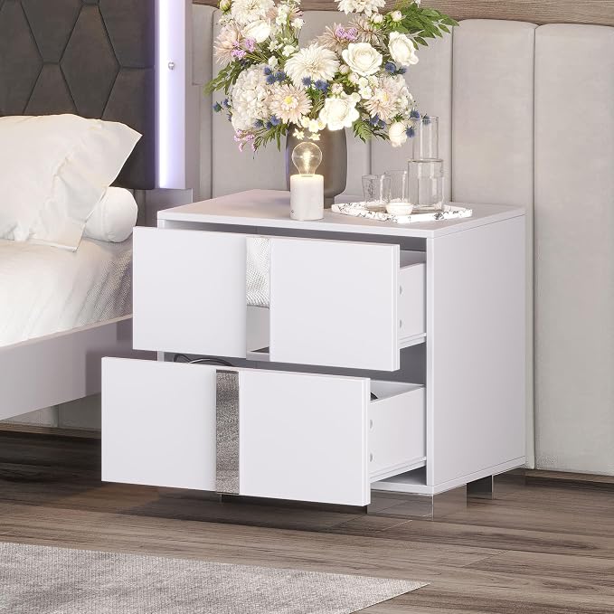 Mirrored Nightstand End Table, 23.3" W Silver Night Stand for Bedroom, Mirrored Bedside Table with Storage, Glass Mirror Nightstand (White) - Image 5