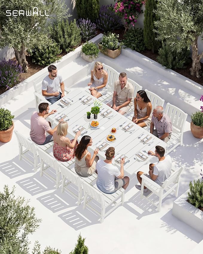 SERWALL Outdoor Expandable Dining Table 60" - 83", Patio Dining Table for 4-10 People, All Weather HDPE and Aluminum Outdoor Furniture for Backyard, Garden, White - Image 7
