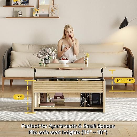 Fluted Lift Top Coffee Table for Living Room, Small Coffee Table with Storage Hydraulic Lift Large Capacity, Sturdy Legs Safe Round Corner, Easy Assembly for Small Spaces, Horizontal Grain-Natural