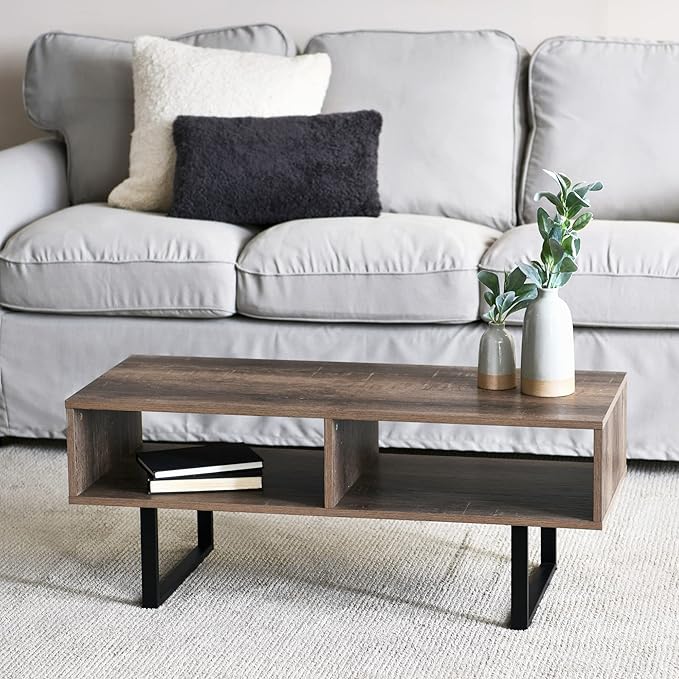 Household Essentials Jamestown TV Stand Coffee Table with Rectangular Storage Compartments Ashwood Rustic Wood Grain and Black Metal