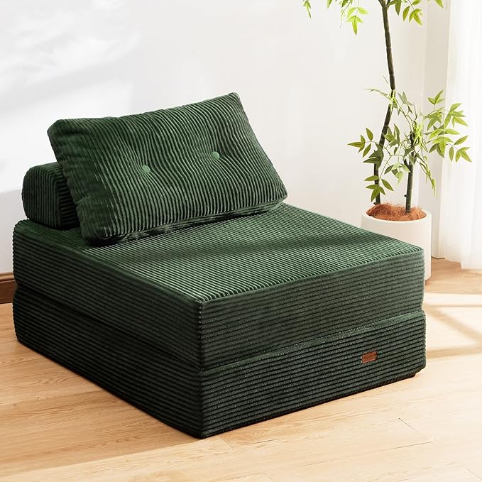 Folding Sofa Bed,3-in-1 Convertible Sleeper Chair Corduroy High-Density Foam with Pillow,Fold Out Chair Bed,Foldable Single Futon Chair for Living Room、Hotel,Single, Emerald Green