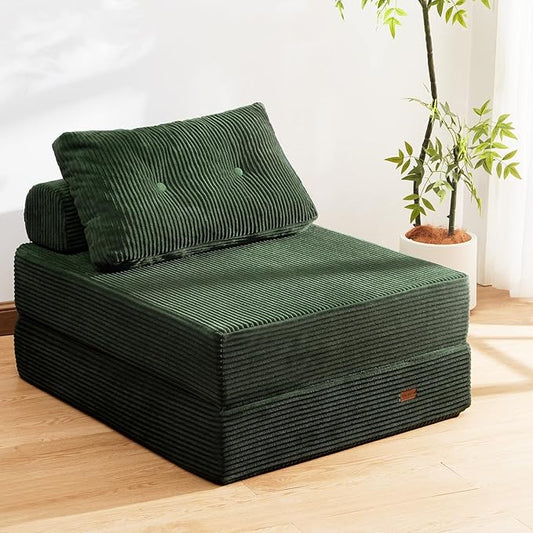 Folding Sofa Bed,3-in-1 Convertible Sleeper Chair Corduroy High-Density Foam with Pillow,Fold Out Chair Bed,Foldable Single Futon Chair for Living Room、Hotel,Single, Emerald Green