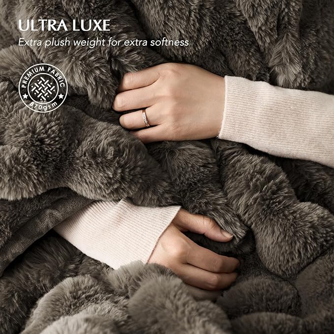 EverGrace Ultra Soft Luxury Fluffy Faux Rabbit Fur Throw Blanket, Thick Warm Bubble Throw for Bed, Cozy Plush Reversible Blankets for Couch, Chair, Sofa, Dark Taupe, 90x90 Inches