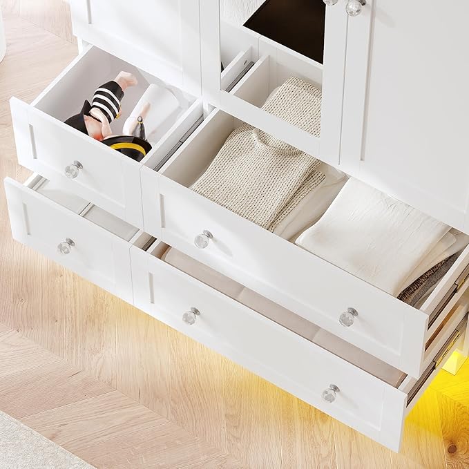 VOWNER Wardrobe Closet with 3 Doors, Bedroom Armoire with Mirror, LED Light, 4 Drawers and Hanging Rod, Large Capacity Storage Closet for Bedroom, White 47" L