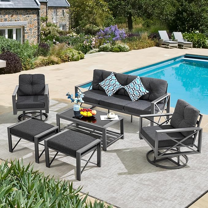 6 Pieces Metal Patio Furniture Set, Outdoor Seating Furniture with Swivel Chairs and Ottoman Ideal for Indoor Porch Deck Bistro Lawn Garden Backyard Poolside-Grey