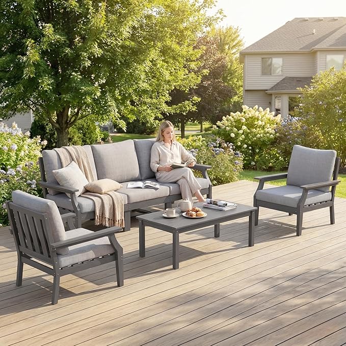 HDPE Patio Conversation Set, 6-Piece All Weather Outdoor Furniture Set with 2 Single Armchairs for Deck, Lawn, with Cushion, Gray