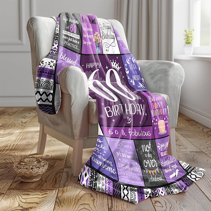 60th Birthday Gifts for Women, 60 Year Old Birthday Gifts for Women, Happy 60th Birthday Gift Decorations, Present for 60 Year Old Woman, 1965 Bday Present for Mom Grandma - 60 Bday Blanket 60”x50”