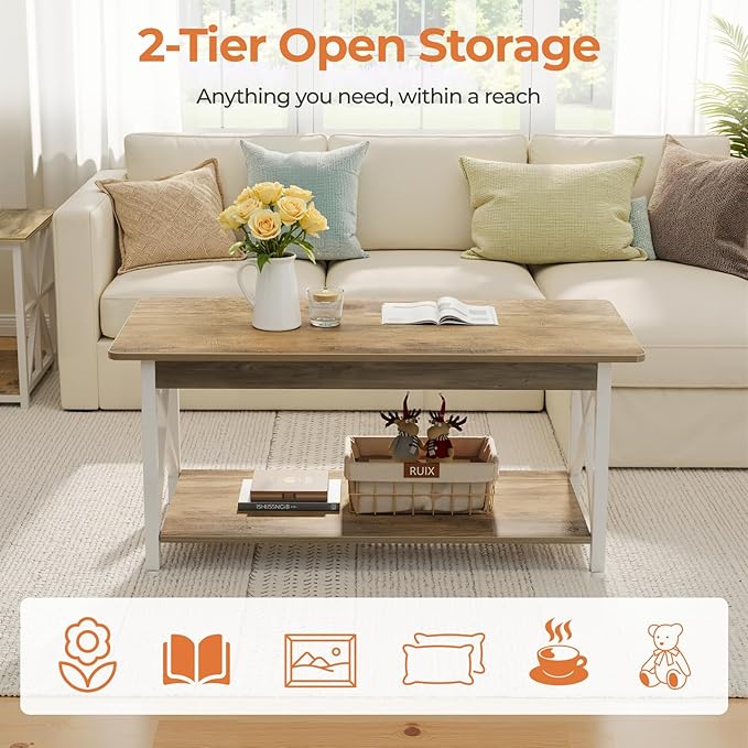 GreenForest Coffee Table with Round Corner, 39.4'' Modern Living Room Table with 2 Tier Storage Shelves, Rustic Industrial Sturdy Center Table Space Saving Easy Assembly, White Gray Wash