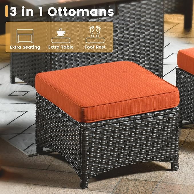 HOOOWOOO Patio Furniture Set,5 Piece Outdoor Furniture Set,Wicker Patio Conversation Couch Chairs Ottoman Set,Orange Red