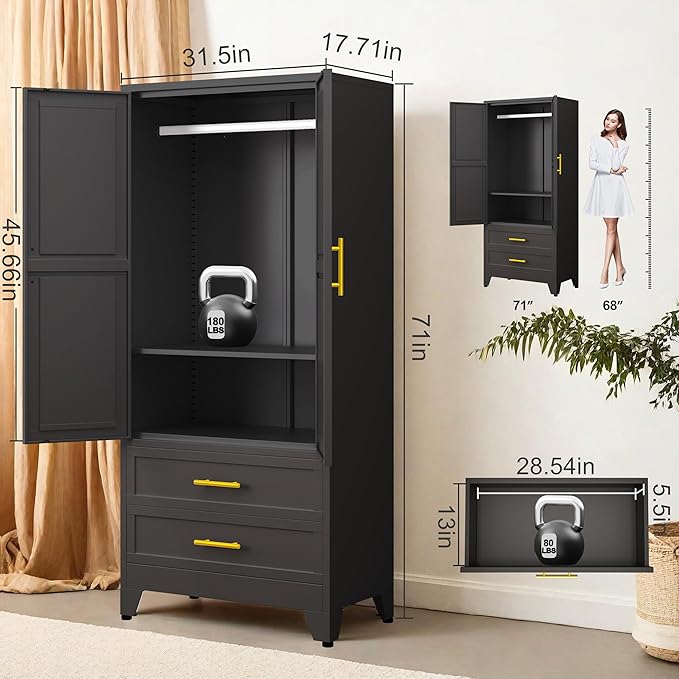 GAIOUS Steel Armoire Wardrobe Closet, 71" Metal Clothing Storage Cabinets with 2 Doors, 1 Adjustable Shelf and 2 Drawers, Metal Wardrobe Cabinet with Hanging Rod for Bedroom, Gym, Cloak Room (Black)