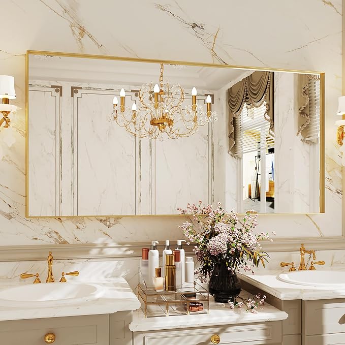 Suidia Bathroom Mirror, 60" x 30" Wall Mirror Metal Framed, Bathroom Vanity Mirror for Living Room Bedroom Bathroom Entryway, Gold, Rect Corner Style - Image 2