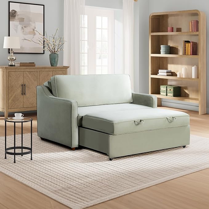 Serta® Santa Cruz 62.2" Convertible Loveseat, Full-Size, Recessed Track Arms, Dream Coil® Comfort, Fingerguard® Pinch Point Protection, Soft Velvet Fabric, Sage