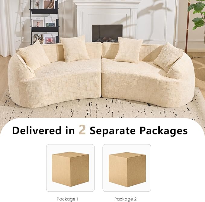 109-Inch Curved Boneless Sofa Couches Compressed 4-Seat Foam Couch for Living Room Bedroom, Boneless Modular Cloud Sofa Curved Floor Couch with 4 Pillows, No Assembly