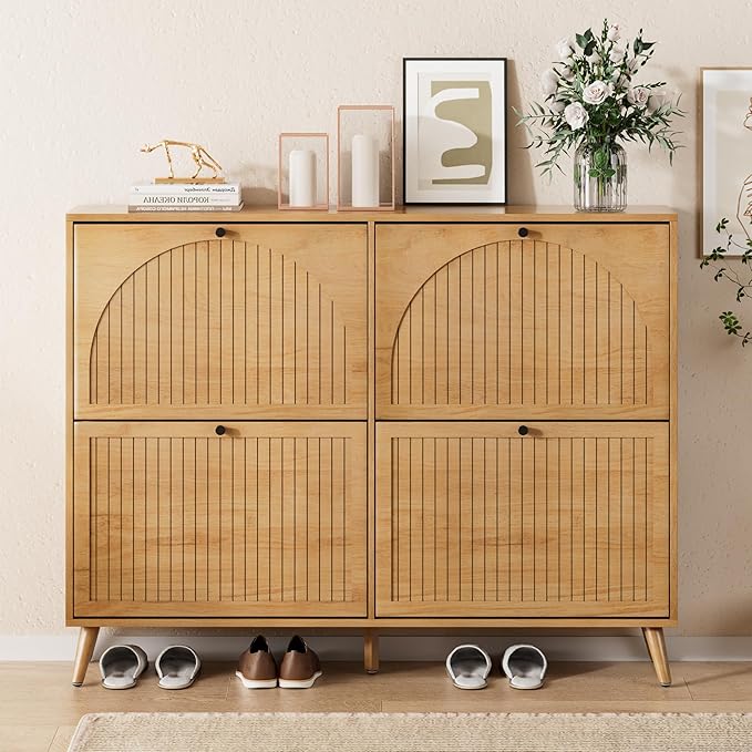 Fsbecl Shoe Storage Cabinet for Entryway with 4 Flip Drawers, Narrow Shoe Organizer with Fluted Panel, Freestanding Wood Hidden Shoe Cabinet (Wood Color, 4 Flip Drawers) - Image 7