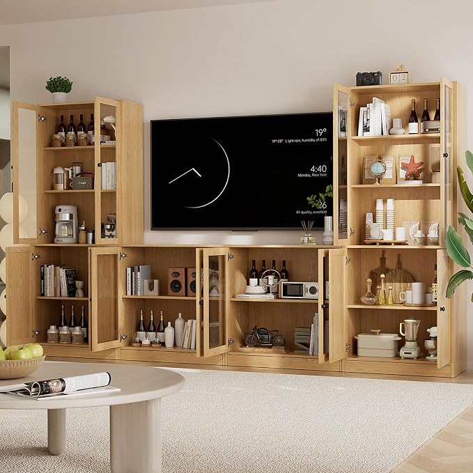 TUSY 71" TV Stand Storage Set - 2 Tall Bookcases & 2 Side Cabinets, Media Console with Glass & Wood Doors, Entertainment Center with Drawers, Tall Media Console for Living Room (Wood, ADDA) - Image 4