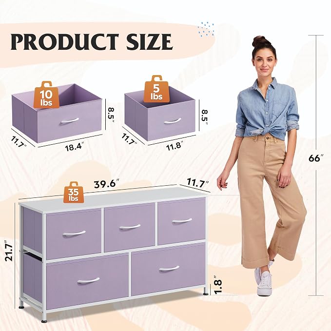WLIVE Dresser for Bedroom with 5 Drawers, Wide Chest of Drawers, Fabric Dresser, Storage Organizer Unit with Fabric Bins for Closet, Living Room, Hallway, Purple - Image 3