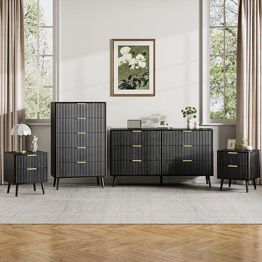 LYNSOM Fluted Dresser and Nightstand Sets 4 Piece, 2-Drawer Nightstands and 5/6 Drawers Dresser, Wood Bedroom Furniture Set for Home, Bedroom, Black
