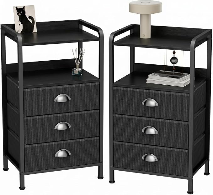 Night Stand Set 2, Nightstand with 3 Fabric Drawers and 2-Tier Shelf, Small Dresser Organizer, Bedside Table with Storage, End Table Side Furniture, Steel Frame, Wood Top, Black by Unknown
