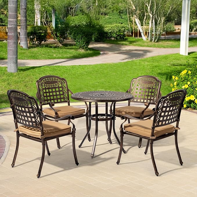 VINGLI Patio Chairs Set of 2 - Stackable Outdoor Cast Aluminum Dining Chairs with Vintage Bronze Finish and Plaid Pattern, Metal Armchairs for Poolside, Backyard, Balcony (with Cushion) - Image 2