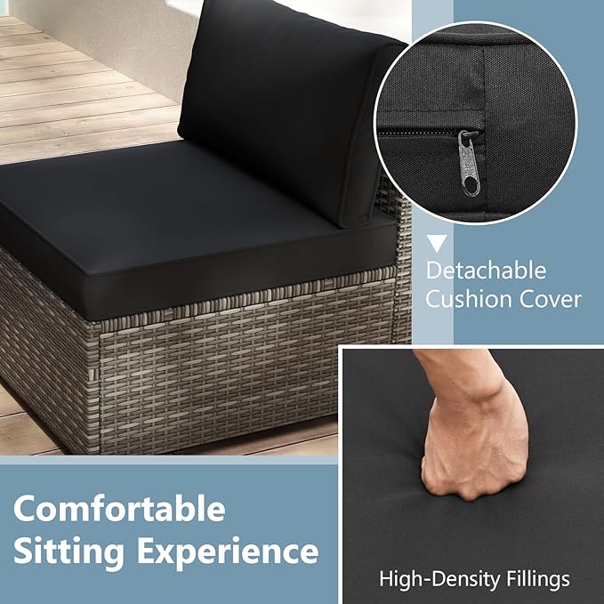 Tangkula 5-Piece Outdoor Patio Sectional Sofa Couch, PE Rattan Conversation Set w/Glass Coffee Table & Cushions, Outdoor Furniture Set w/Sturdy Metal Frame for Garden Poolside Backyard