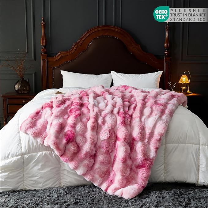 Faux Fur Throw Blanket for Couch, Fluffy Fuzzy Plush Bubble Blanket, Soft Warm Cozy Shaggy Rabbit Blanket, Luxury Decorative Gifts for Sofa Bedroom Living Room, 108x90inch (Tie-Dye-Pink)
