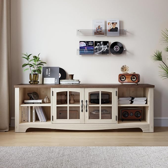 LINSY HOME TV Stand for 75 Inch TV, Modern Farmhouse Entertainment Center with Storage Cabinets and Glass Doors, Tall Media Console Table for Living Room, Bedroom, Large Long Television Stand, Beige - Image 7