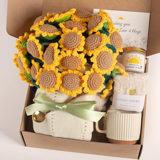 Get Well Gifts for Women, Sunflower Flower Bouquet Blanket Gift Basket, Encouraging Care Package for Her, Thank You & Thinking of You Gifts, Cozy Throw with Mug Candle Socks (Sunflower Bloom)