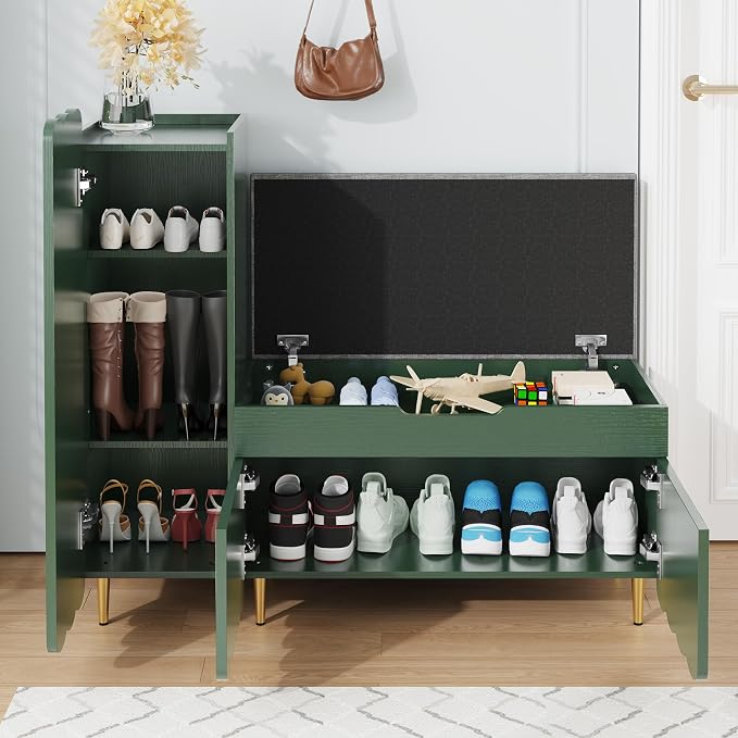 3More Shoe Organizer Cabinet,Entryway Bench with Adjustable Shelves and Cushioned Seat,Unique L-Shaped Bench Cabinet for Entryway, Hallway, Living Room - Image 7