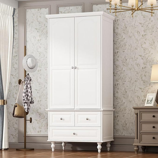 MOUMON 2 Door Armoire Wardrobe Closet with 3 Drawers, Vintage Wardrobe Cabinet with Hanging Rod, Bedroom Armoire Closet with Shelves, for Bedroom, White, 19.7”D x 31.5”W x 70.9”H
