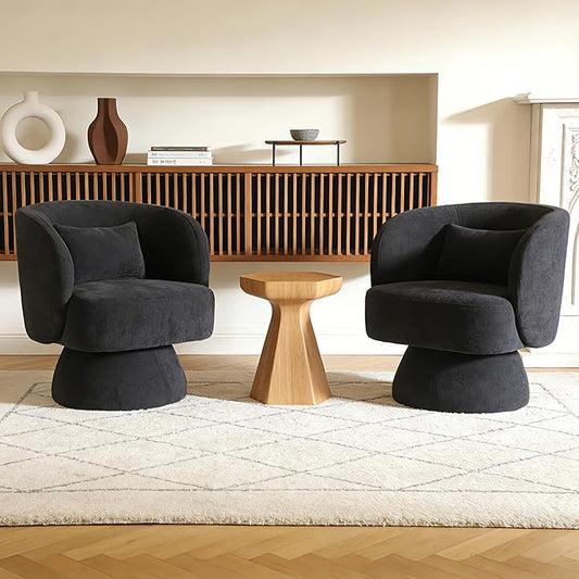 ClinQ Swivel Barrel Chair with Pillow Set of 2, Cloud Velvet Accent Chair, Upholstered Cuddle Reading Lounge Chair, 360° Modern Boucle Swivel Curved Armchair for Living Room, Bedroom, Office, Black