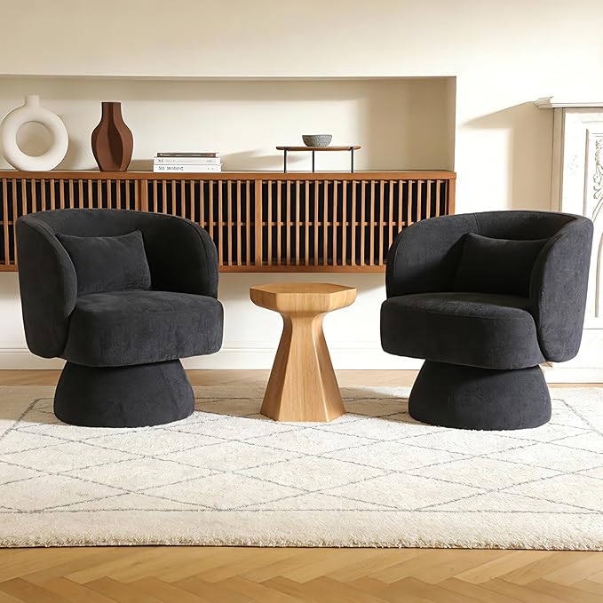 ClinQ Swivel Barrel Chair with Pillow Set of 3, Cloud Velvet Accent Chair, Upholstered Cuddle Reading Lounge Chair, 360° Modern Boucle Swivel Curved Armchair for Living Room, Bedroom, Office, Black