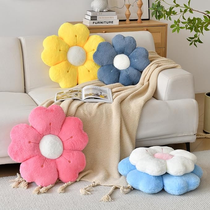 Flower Shaped Pillow, Cute Decorative Throw Pillow with Soft Artificial Rabbit Fur for Couch Bed Chair Floor, Flower Pillows Seating Cushions with Room Décor for Bedroom Living Room (19.6" Blue)