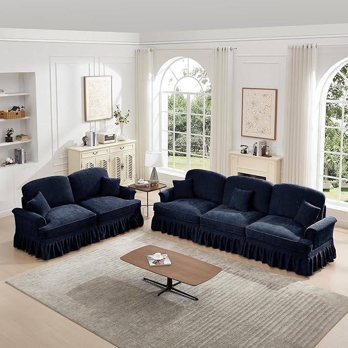 KEIKI Mid Century Modular Sofa with Flared Arms and Skirted Design, 107” Oversized 3-Seater Loveseat Chenille Sectional Couches Set for Living Room, Comfy Sofa and Loveseat Furniture Set, Blue