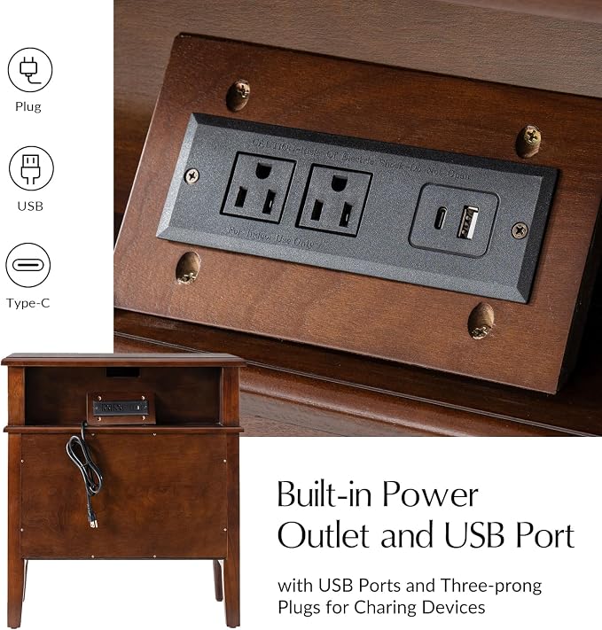 HULALA HOME End Table with Charging Station & Hidden Drawer, 30" Tall Side Table with Pull-Out Shelf, Rubberwood Legs(Walnut) - Image 4