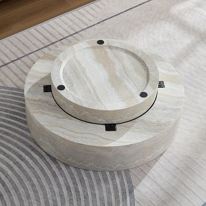 35.43" Round Coffee Table with Cylindrical Legs in Faux Marble,Stylish and Modern Fiberglass Drum Table, Modern Table for Living Room, Office, or Balcony.(Mars,ø35.43" x 11.81")