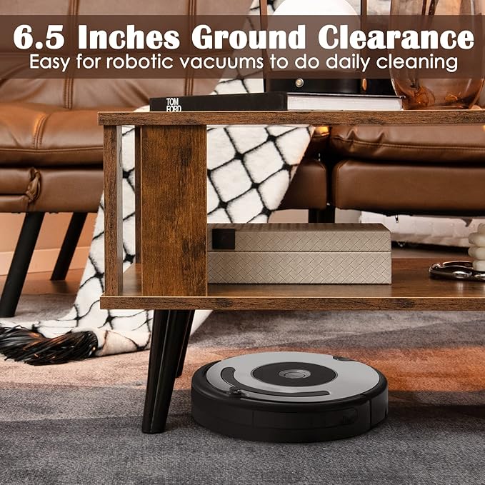 Tangkula Small Coffee Table for Living Room, 2-Tier Wooden Center Table with Open Storage Shelf, Side Baffle, Easy Assembly, Industrial Side Table for Small Space Bedroom (Rustic Brown)