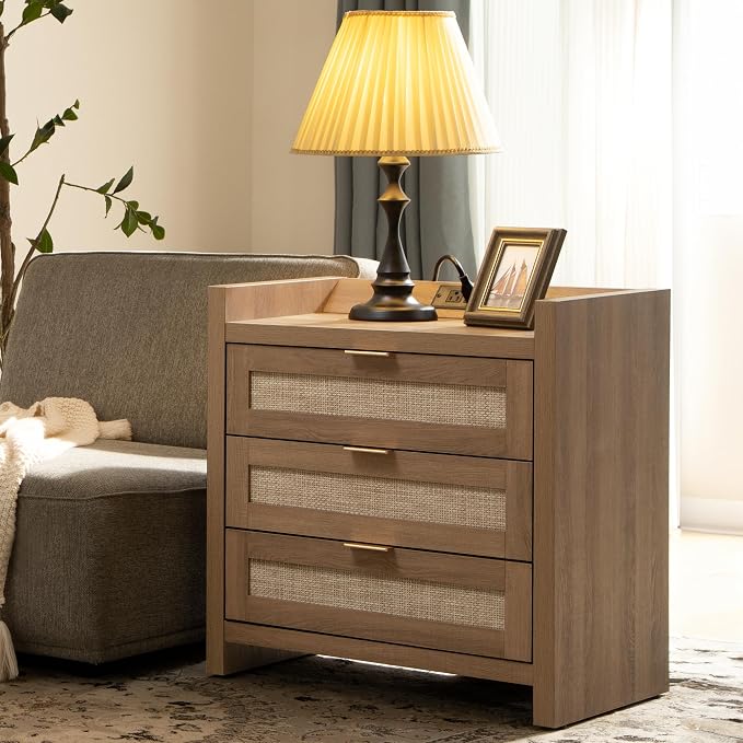 SICOTAS Rattan Night Stand Set of 2 - Tall Nightstands with Type-C Charging Station, 3 Rattan Storage Drawers, Larger Nightstand Boho Bedside Table End Table for Bedroom Sofa Couch Office - Oak - Image 9
