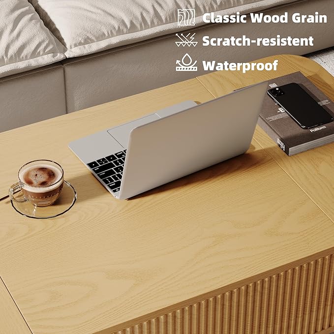 47.2” Modern Coffee Table Wooden Fluted Lift Top Coffee Table with Hidden Compartment, Mid Century Modern Rectangle Center Tables with Lifting Tabletop & 2 Storage Drawers for Home Living Room Natural