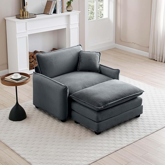 KEIKI 46" Oversized Corduroy Modular Sectional Single Sofa with 1 Ottoman, High-Density Foam Cushions, Removable Armrest, Upholstered 1-Seater Lounge Accent Chair with 1 Pillow, for Living Room, Grey